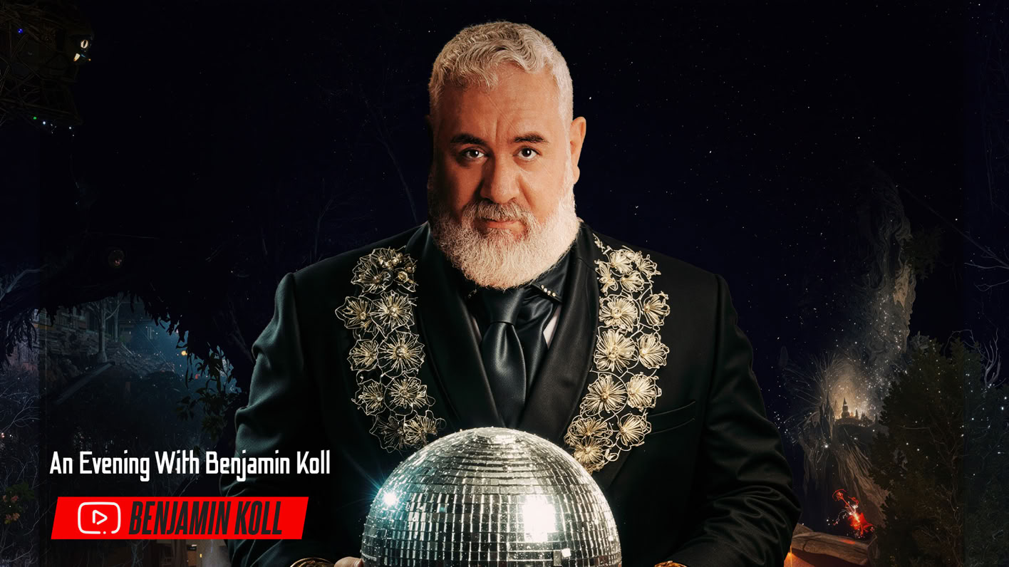 A man with a white beard wearing an ornate black suit holds a disco ball against a dark background. Text in the lower left corner reads "An Evening With" followed by a name, and "SUNDAY 8PM."