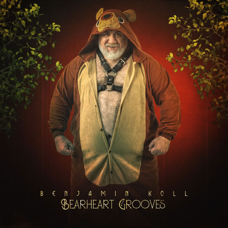 Benjamin Koll wearing a bear costume with a hood, standing against a red background with foliage on the sides. Text at the bottom reads "Benjamin Koll Bearheart Grooves."