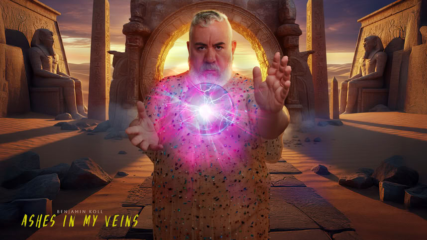 A person standing in a temple-like setting, holding a glowing, purple energy orb with both hands.