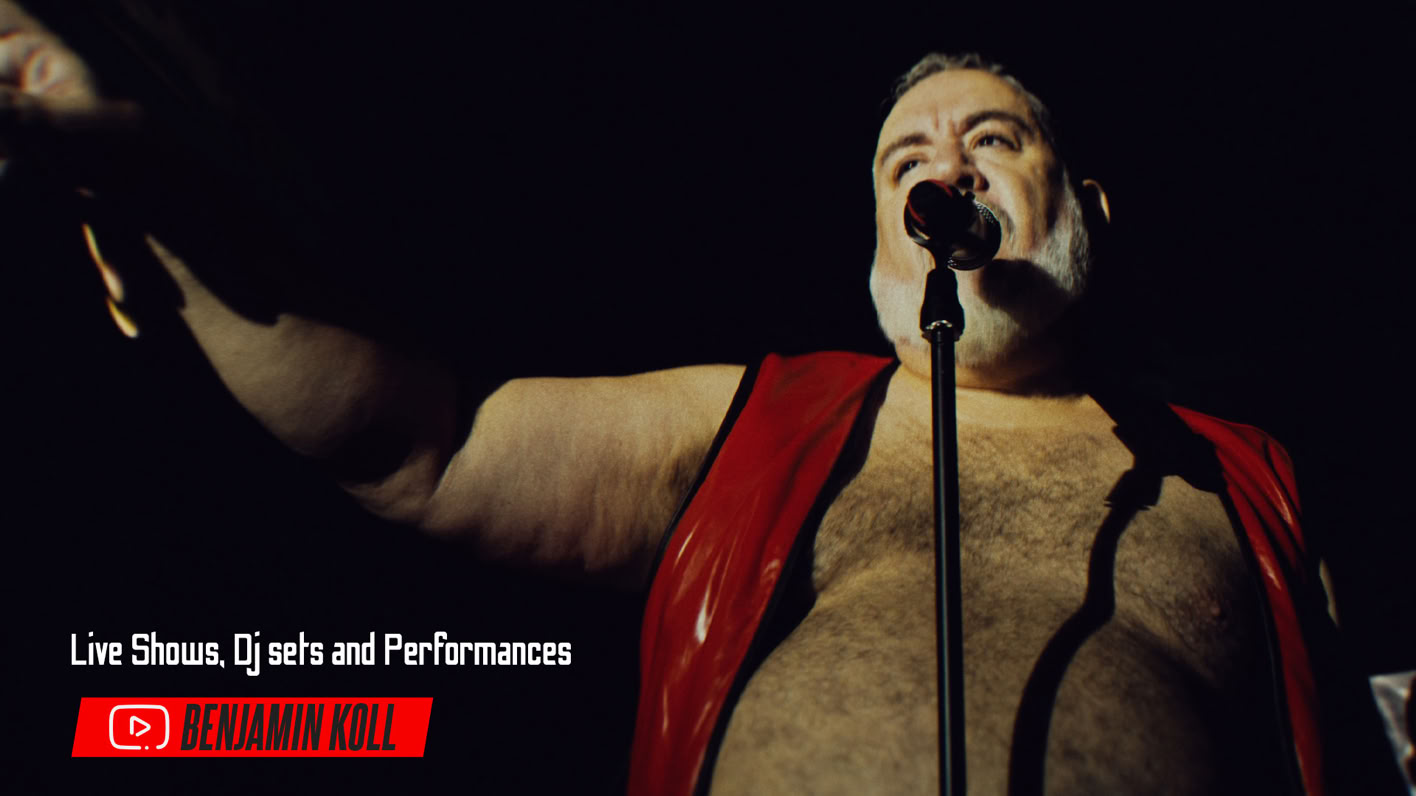 A person wearing a red vest is singing into a microphone on stage with a dark background. Text on the image reads "Live Shows, Events and Performances" and "Subscribe."